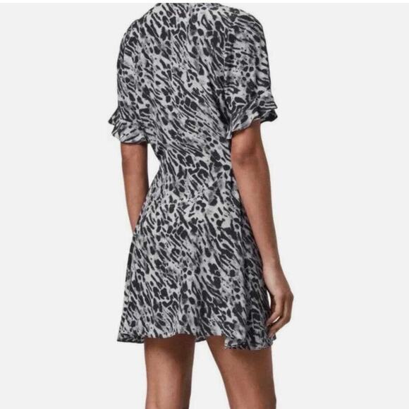 AllSaints Fay Ambient Dress Animal Print Back Tie Mini Gray Black Size Small - Picture 3 of 12